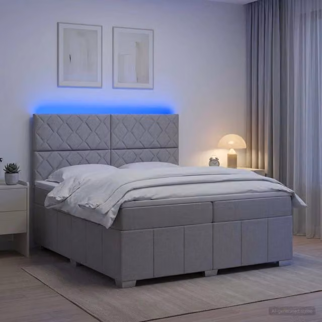 Letto Box Spring vidaXL con Materasso a Molle Insacchettate e Illuminazione LED, Grigio e Bianco, L/P: 200 x 200 cm – 1