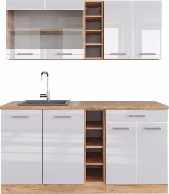 Cucina completa moderna R-Line Vicco Bianco lucido e Rovere dorato, L: 160 cm – 1