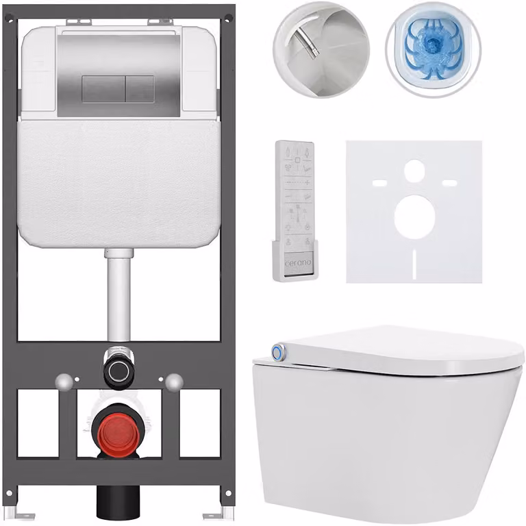 WC sospeso con bidet Basic/Cronus Premium - bianco lucido - pulsante WC Modulo/Argento - sospeso - installazione a parete - 59,3x38,4 cm