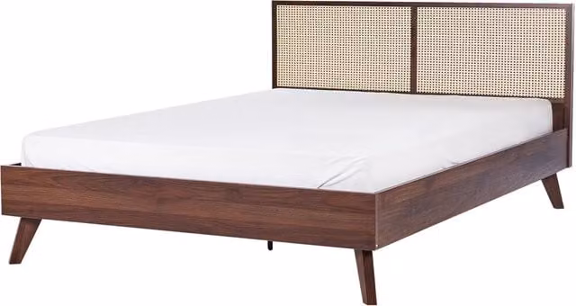 Letto matrimoniale in legno di pioppo scuro con testiera in vimini 160 x 200 cm camera da letto moderna boho minimalista