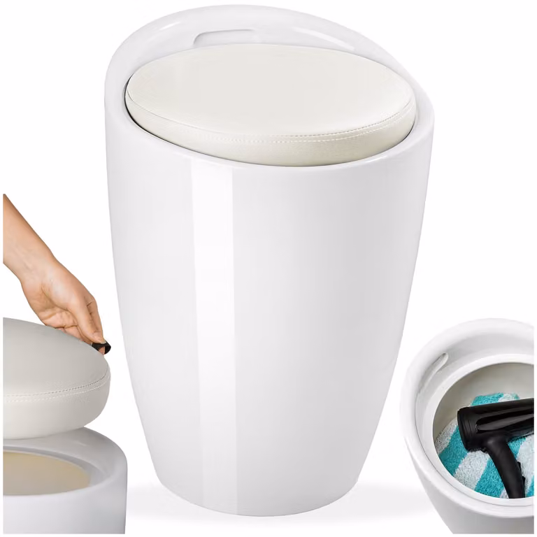 Sgabello contenitore bianco TecTake GmbH con rivestimento in ecopelle e struttura in plastica per bagno o cameretta dei bambini, H: 51.0 cm, L: 36.0 cm, P: 36.0 cm