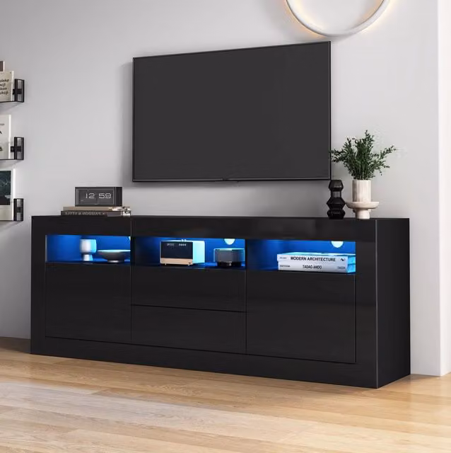 Mobile TV in legno melaminico nero lucido 160x35x60 cm con LED e 3 scomparti aperti, 2 ante e 2 cassetti, compatibile TV fino a 70 pollici