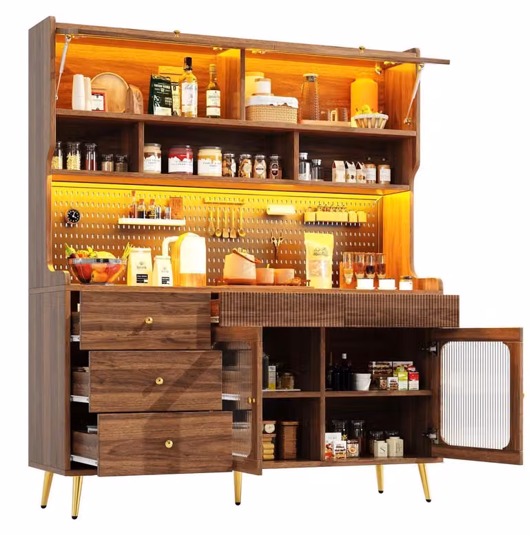 Armadio alto da cucina con illuminazione a LED, cassetto, pannello forato, dimensioni 145x39x171 cm, colore noce