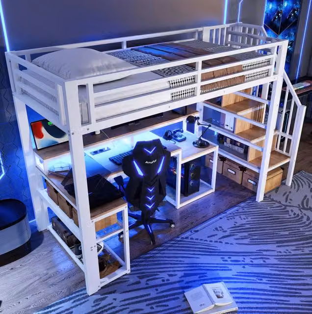 Letto a soppalco ULEVR 90x200 cm con scrivania, LED regolabile via app, USB e ripiani, bianco