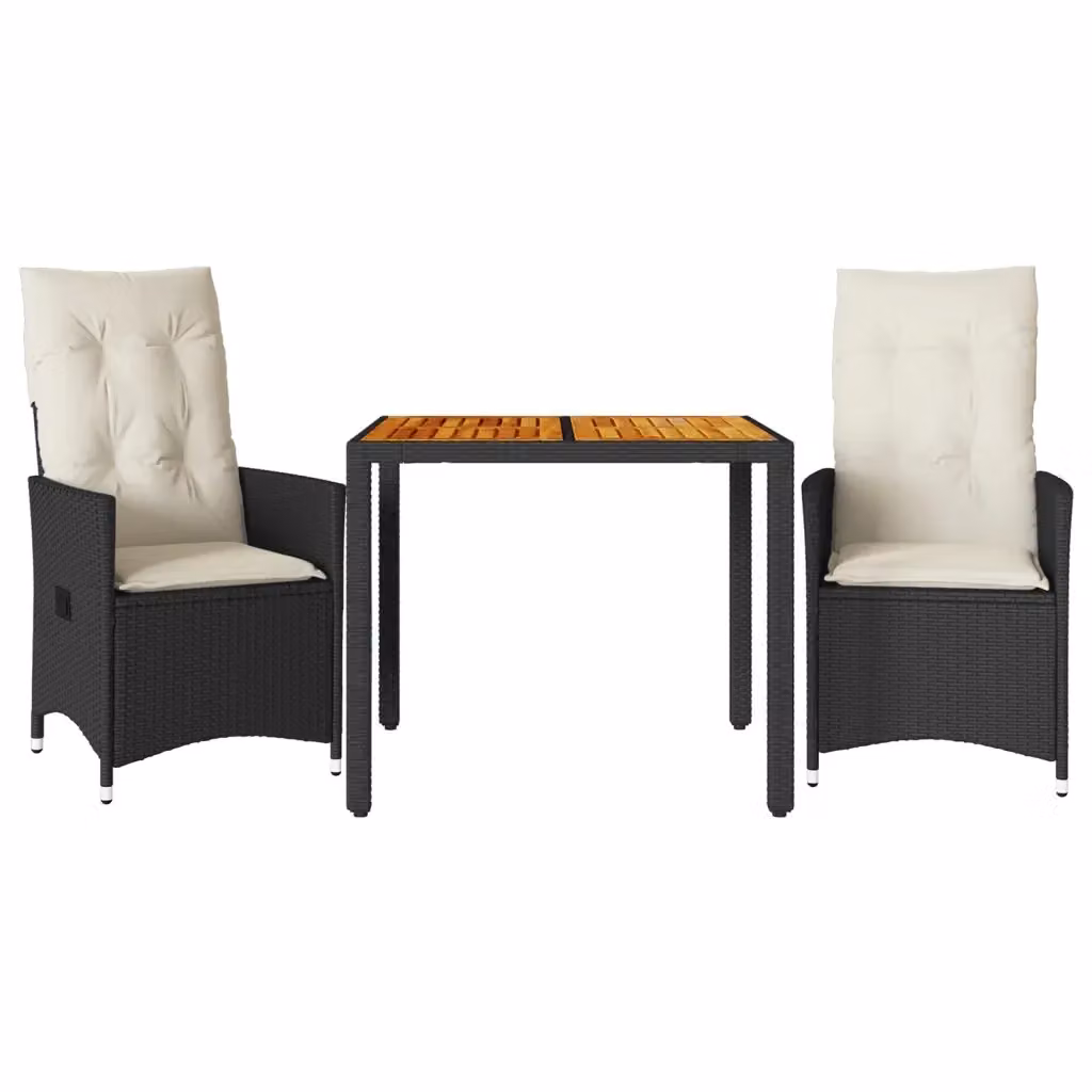 Set da Bistrò vidaXL 3 pz in Polyrattan Nero e Legno di Acacia con Cuscini Beige – 2