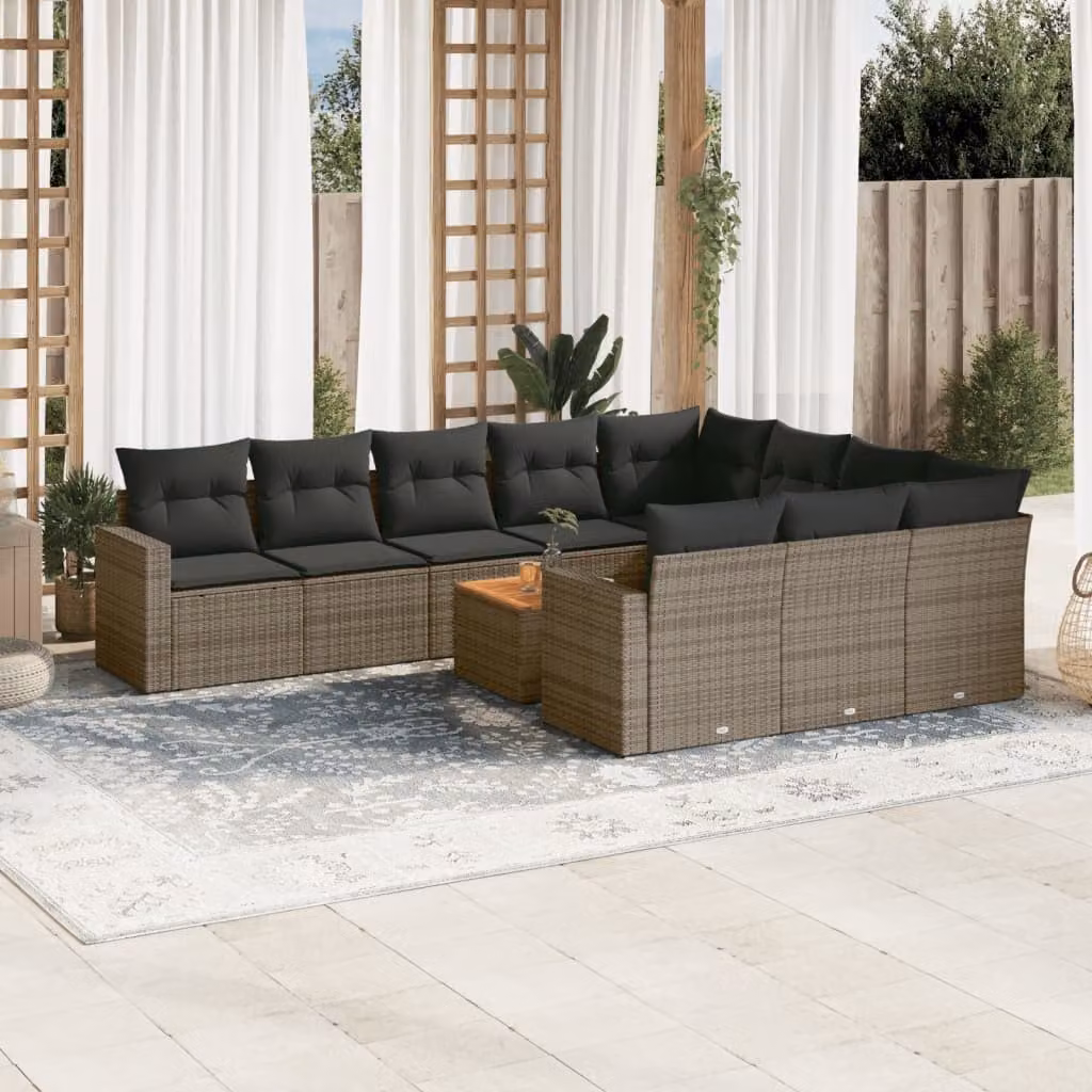 vidaXL Set Divani da Giardino 11 pz in Polyrattan Grigio con Cuscini e Tavolino da Caffè – 1