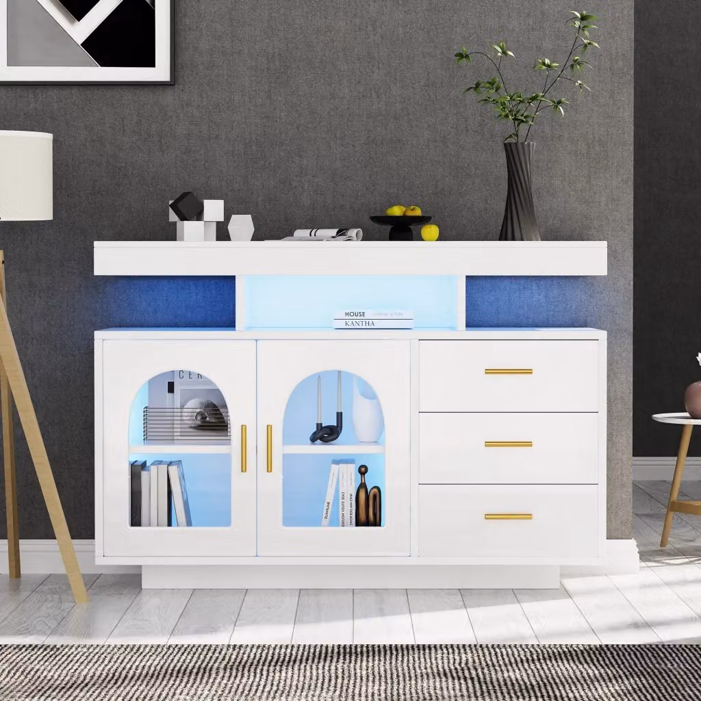 Madia moderna in MDF bianco lucido con LED RGB controllabili tramite app, 3 cassetti e vani aperti, L/P/H: 120 x 40 x 80 cm – 2