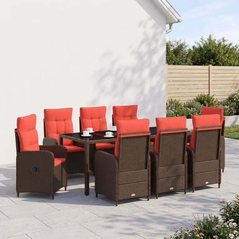 Set da pranzo per esterni vidaXL in polyrattan marrone con tavolo in vetro, 9 pezzi