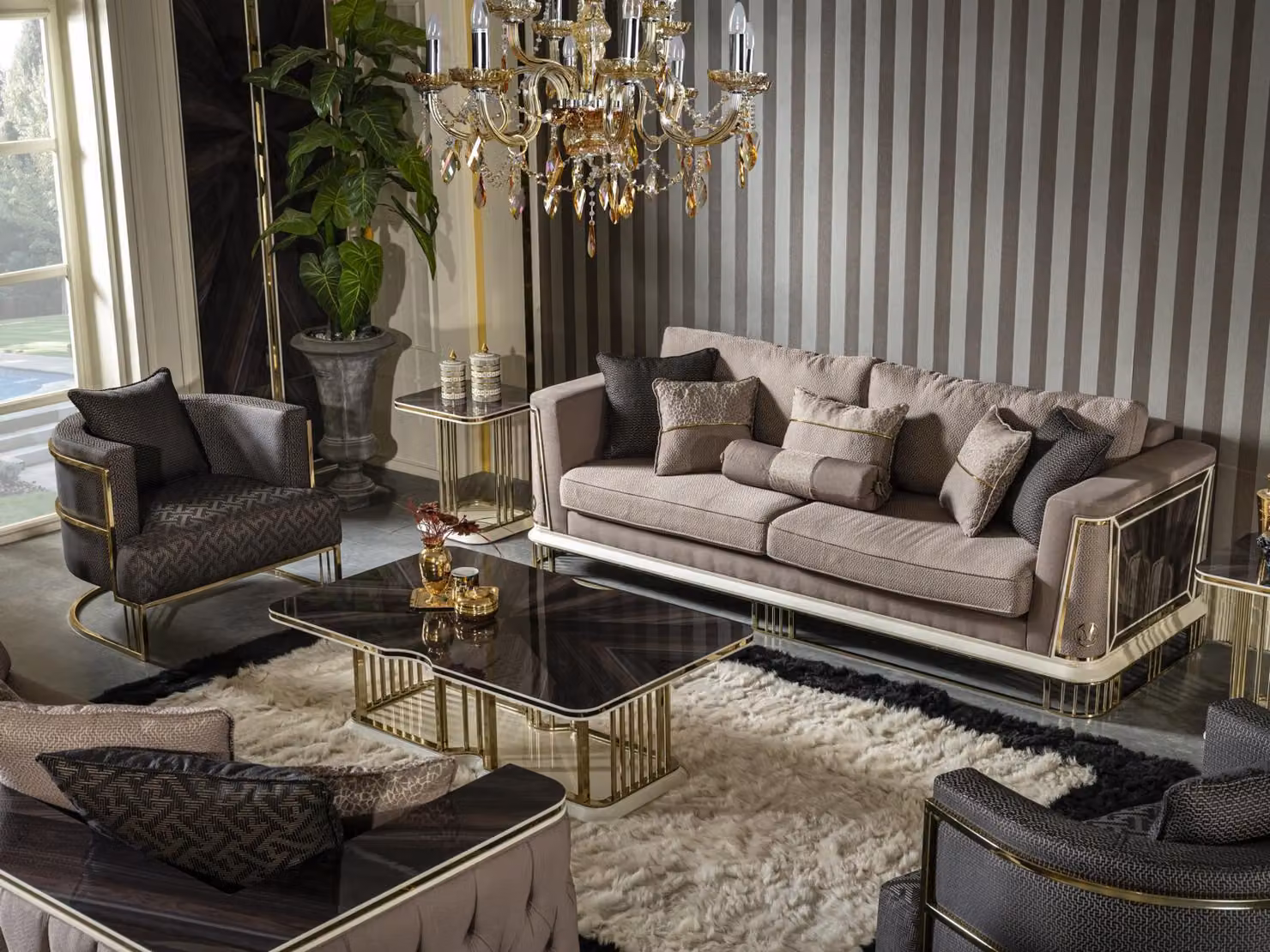 Wohnzimmer Set Braun Sofagarnitur Sessel Beistelltisch Couchtisch 5tlg