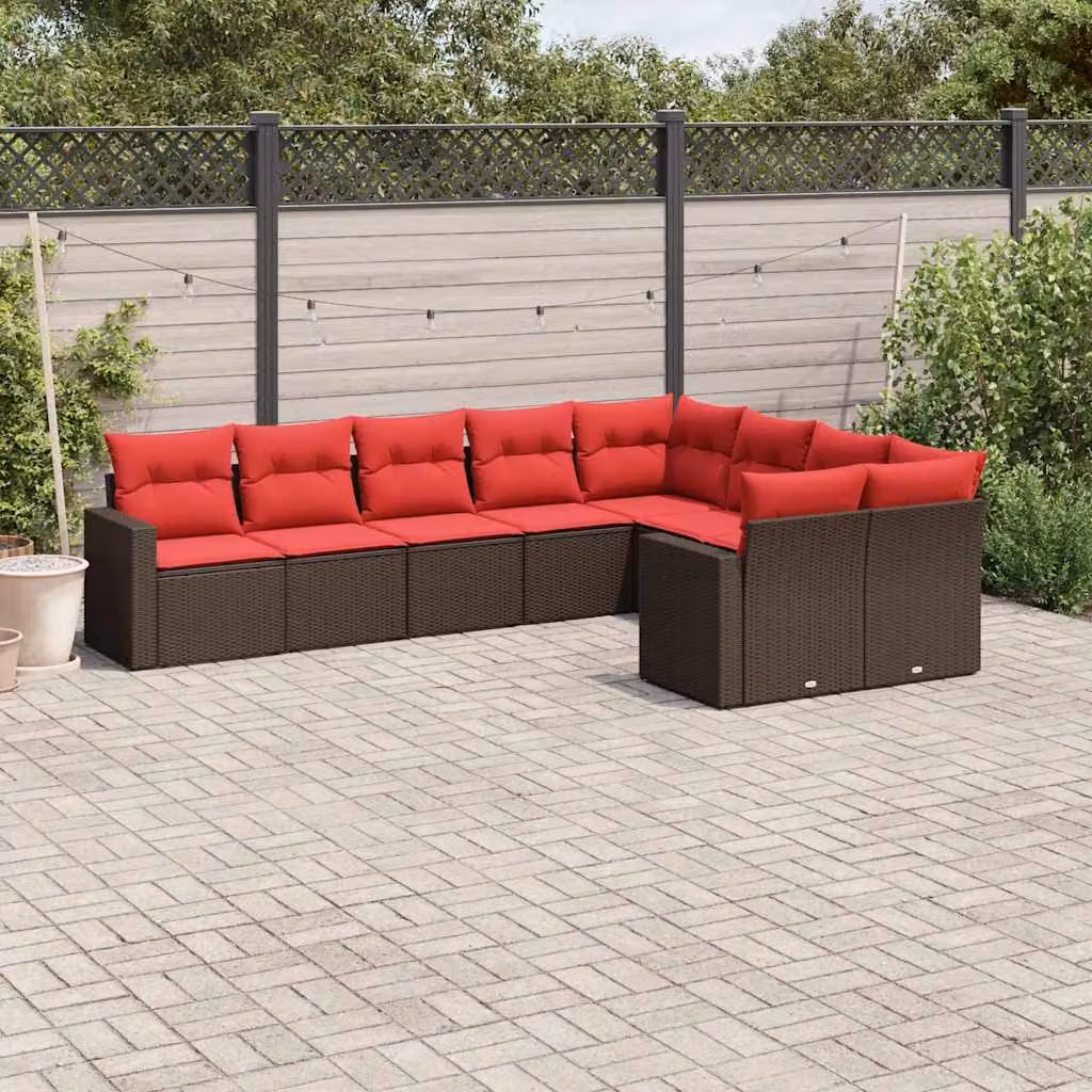 vidaXL Set Divani da Giardino a L con Cuscini Marrone e Rosso in Polyrattan e Acciaio – 1