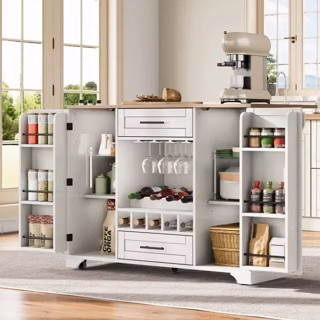 Carrello da cucina OKWISH in MDF bianco con piano estraibile, 2 ante, 2 cassetti e porta bottiglie in stile vintage con ruote