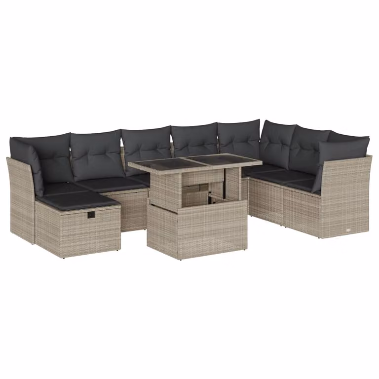 Set Divano da Giardino 9pz con Cuscini Grigio Chiaro Polyrattan