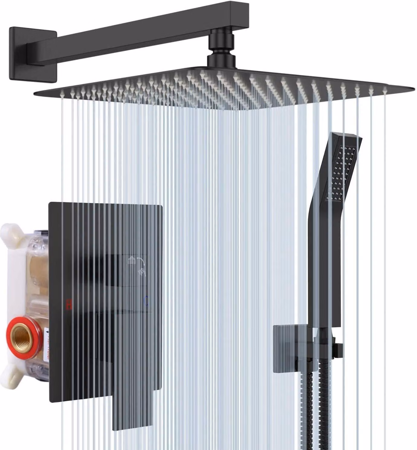 Set di miscelatori da incasso per doccia Rainsworth, soffione a pioggia quadrato 30x30 cm con tecnologia a iniezione d'aria all'avanguardia, acciaio inox e ottone di alta qualità