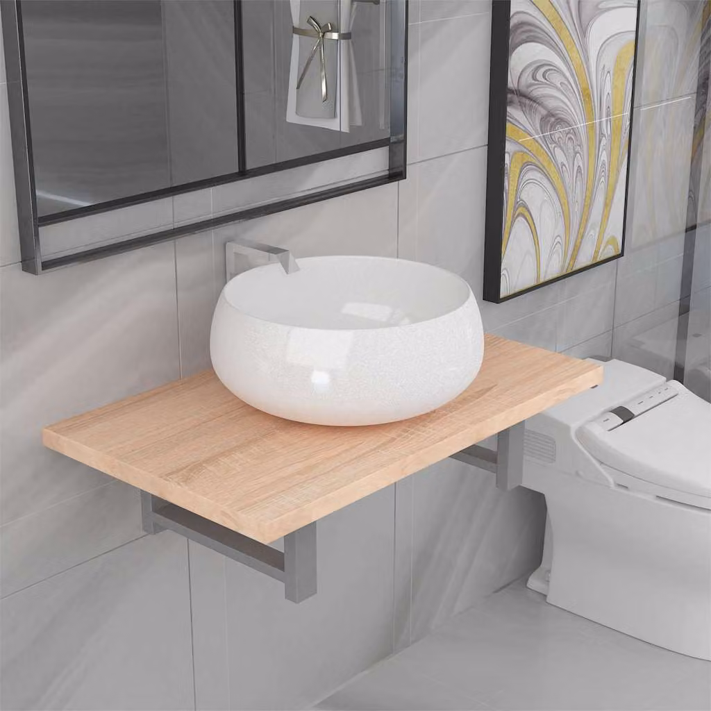 Set di mobili da bagno vidaXL in 2 pezzi con mobile lavabo e pensile in ceramica, legno e metallo, colore bianco e marrone, design moderno a parete