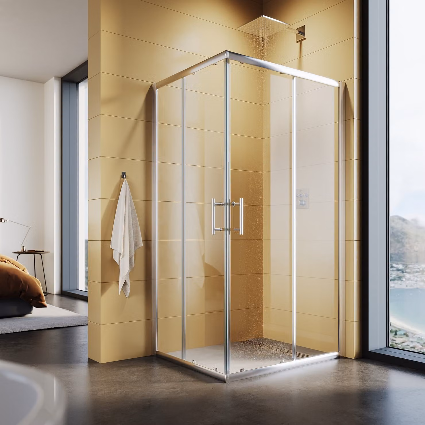 Cabina doccia SONNI 70x90x185cm, doccia a doppia porta scorrevole monoblocco, doccia angolare in vetro ESG