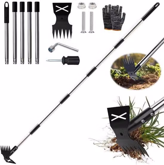 Unyqoos® Diserbo 2-in-1 (rastrello e zappa) con manico da 180 cm, aste in acciaio inossidabile, progettato per proteggere la schiena, ideale per giardino, prato e terrazza