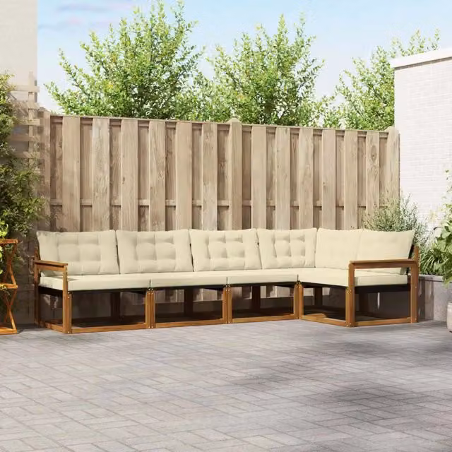 Set di divani da esterno a L vidaXL in legno di acacia con cuscini beige e bianchi