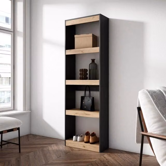 Libreria a scaffale SKRAUT HOME per soggiorno e ufficio, colore Rovere e nero, L: 60 cm, P: 25 cm, H: 186 cm – 1