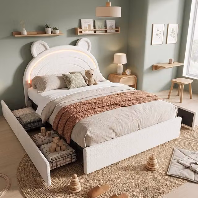 Letto imbottito beige 140x200 cm con testiera a orsetto; 4 cassetti e LED tramite app per cameretta