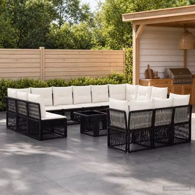 Set Divano da Giardino Moderno vidaXL a Forma a U in Polyrattan Nero con Cuscini e Tavolino da Esterno