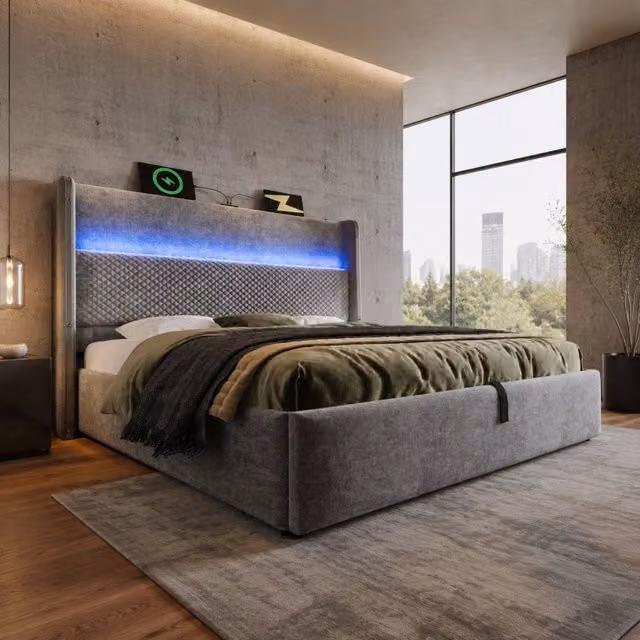 Letto matrimoniale idraulico 140x200 cm grigio con LED, USB e Type-C