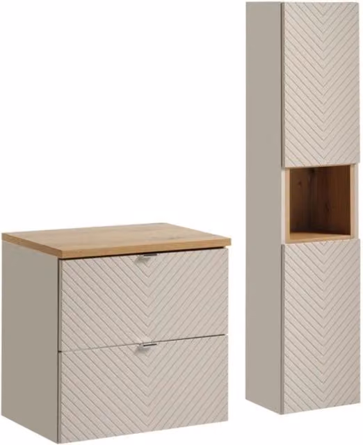 Set bagno AOKI: mobile sottolavabo con cassetti 60cm + piano lavabo effetto legno + colonna