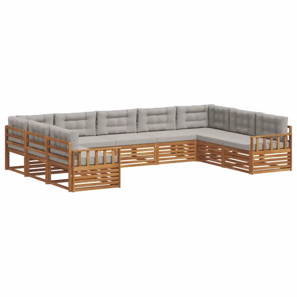 Set di divani da esterno a L vidaXL in legno di acacia con cuscini grigi, composto da 9 pezzi – 2