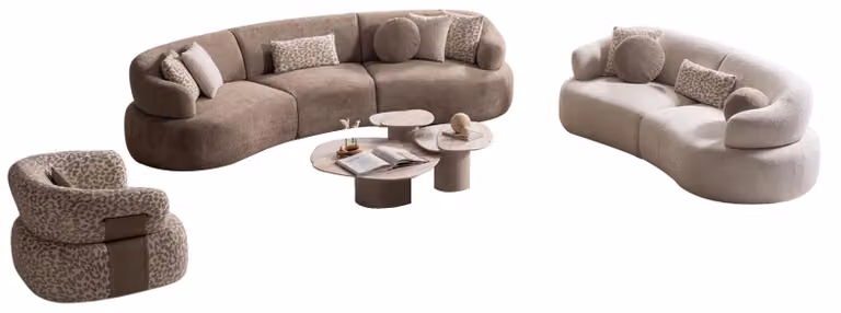 Braun-Beiges Sofa-Set Stilvoller Dreisitzer Textilsessel Holztisch
