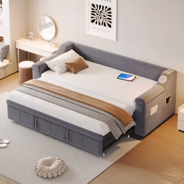 Letto divano singolo OKWISH estraibile grigio con Bluetooth, USB e ripiani laterali, L/P/H: 90 x 190 cm (estendibile a 180 x 190 cm)