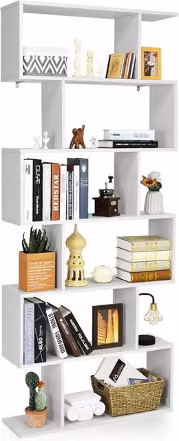 Libreria moderna a 6 livelli in legno e MDF con design a S e montaggio a parete, Bianco, H: 191 cm, L: 20 cm