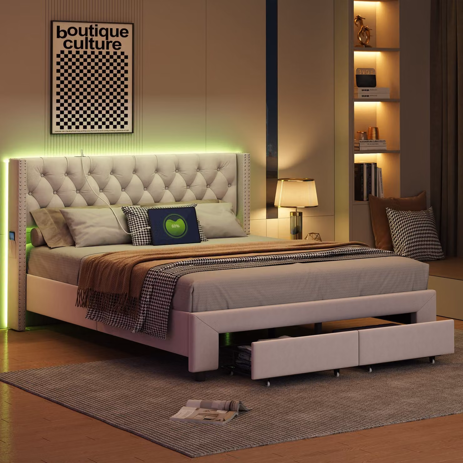 CDGlobal letto imbottito 140x190cm con cassetto, letto con contenitore e rete a doghe, letto matrimoniale con Led/USB e testata contenitore, letto contenitore letto per ragazzi, velluto, beige