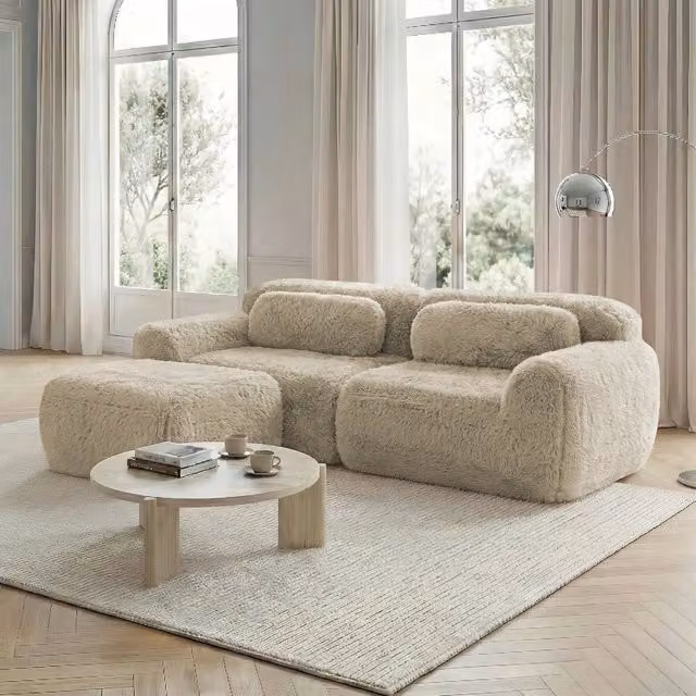 Divano Angolare 2 Posti ¨C Xylo ¨C Tessuto Plush Morbido, Modulare, con Cuscini, Beige Chiaro