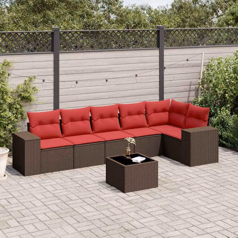 Set Divani da Giardino vidaXL 7 pz a Forma a L con Tavolino da Caffè e Cuscini, Polyrattan Marrone e Rosso con Struttura in Acciaio Verniciato a Polvere