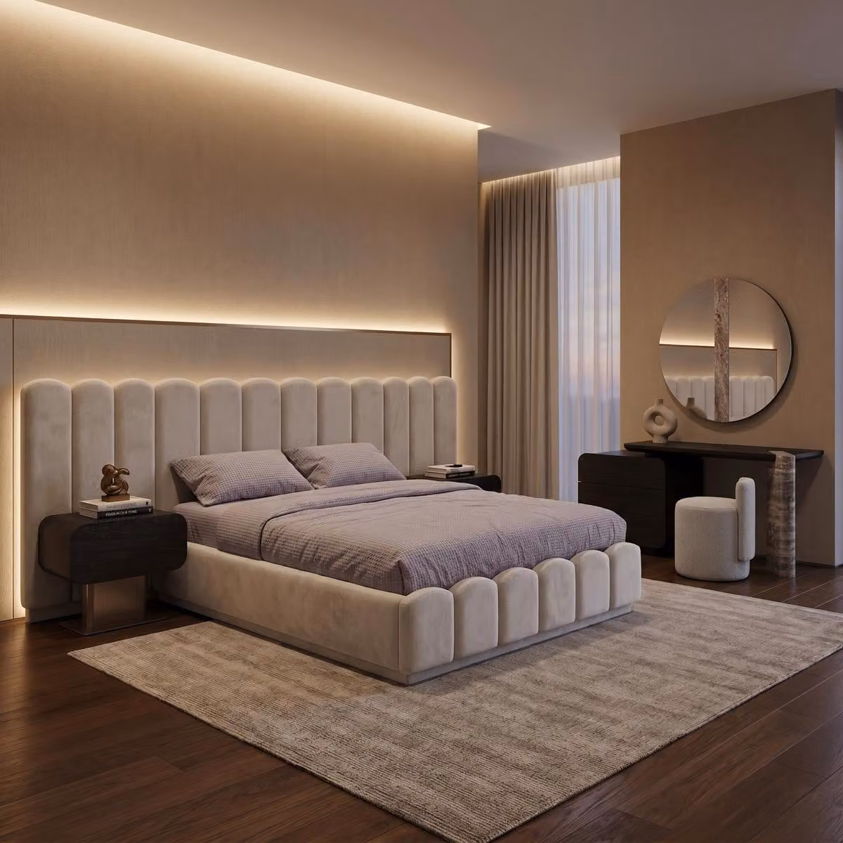 Set per camera da letto moderno, beige e nero, elegante, composto da letto e tavolino da trucco