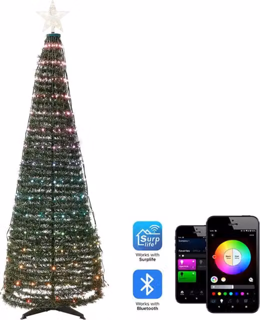 Albero di Natale LED Beliani Verde con Cambio Colore RGB Controllato da App e Timer, Altezza: 188 cm – 1