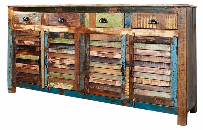 Buffet PATCHWOOD 160 cm in legno riciclato multicolore – 4 porte a persiana, 4 cassetti e finitura colorata