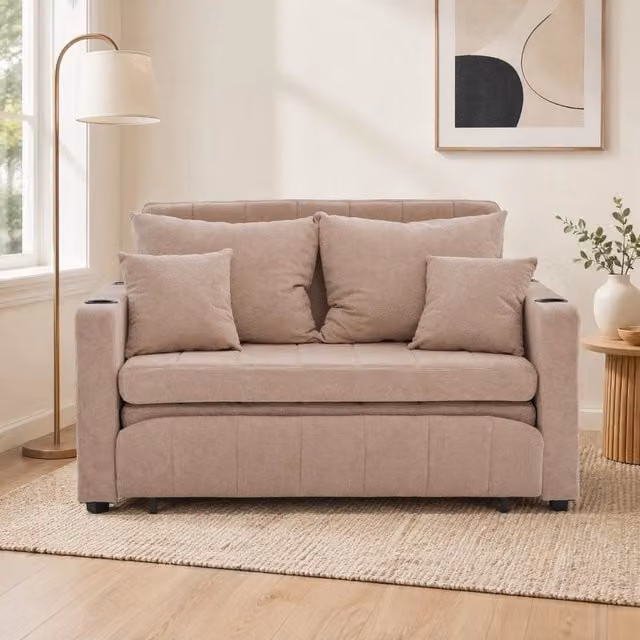 Divano letto multifunzionale in ciniglia khaki 139x83x58 cm; con 4 cuscini e tasca laterale
