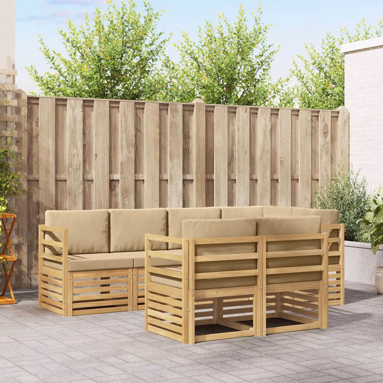 vidaXL Set di divani da esterno a L composto da 7 pezzi in legno di acacia, Bianco e Beige