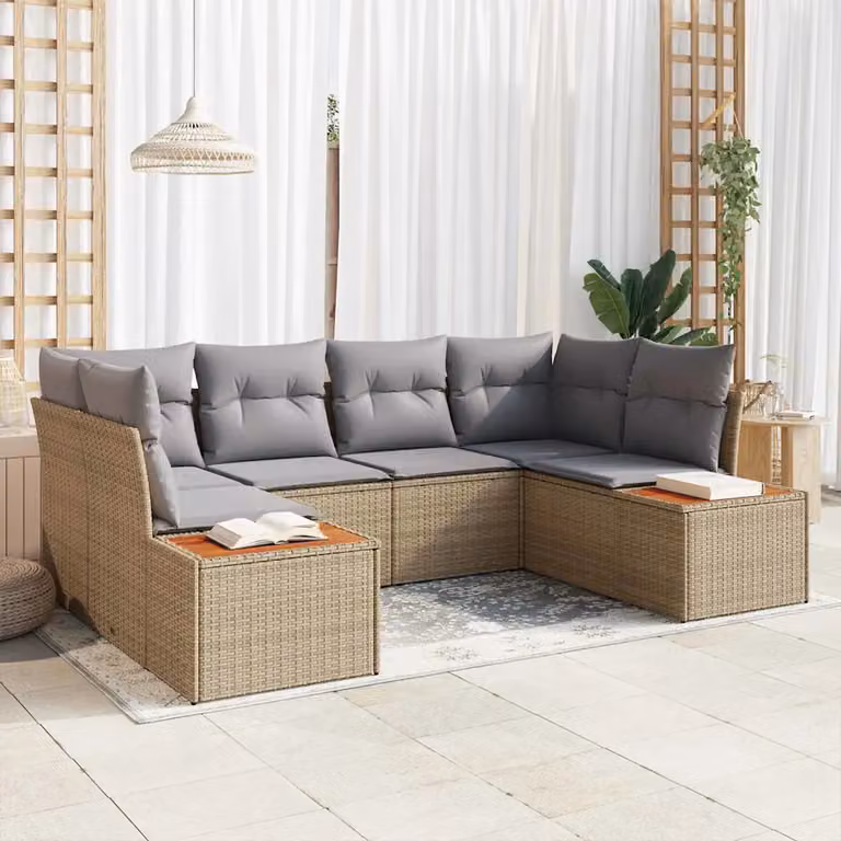 Set Divano da Giardino vidaXL a 6 Posti con Tavolino, Colore Beige e Grigio, Struttura in Acciaio Verniciato a Polvere e Cuscini Inclusi