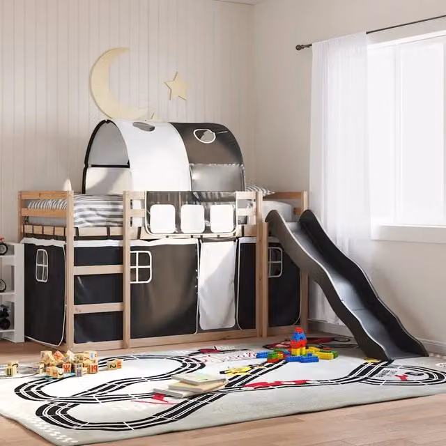Letto a castello per bambini vidaXL in legno di pino con scivolo e tende, Bianco, Nero e Antracite, L/P/H: 200 x 80 x 113 cm – 1