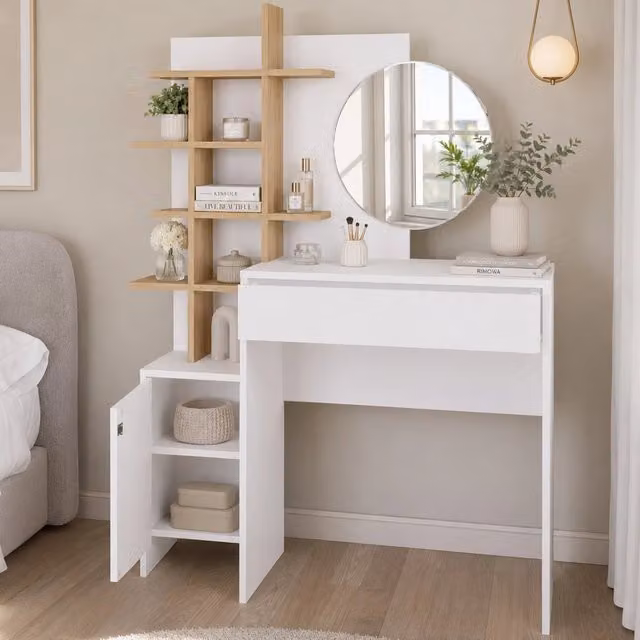 Postazione Make Up Shally Dogan con Specchio Rotondo Bianco e Mensole Quercia L: 105 cm, P: 35 cm, H: 151 cm