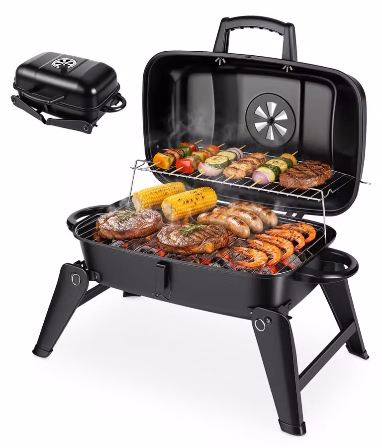 Griglia da campeggio, griglia portatile a carbone, funzione 2-in-1, griglia pieghevole con manico in legno, colore nero