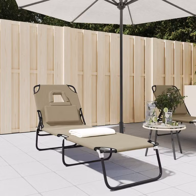 vidaXL Lettino Prendisole Pieghevole con Poggiatesta Regolabile in Acciaio e Tessuto Oxford Grigio e Beige