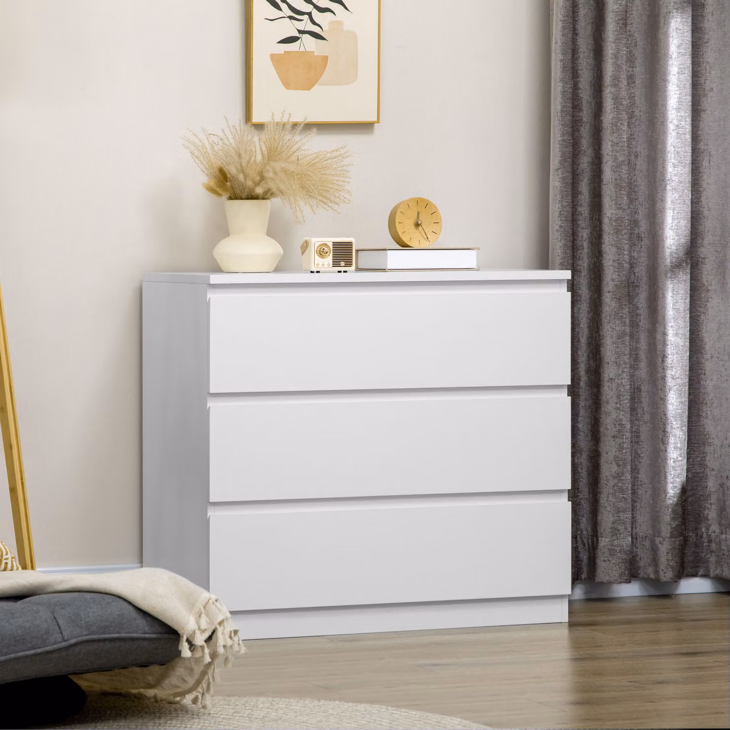 Cassettiera Moderna HOMCOM con 3 Cassetti senza Maniglie per Camera e Soggiorno, Bianco, L 80 cm x P 39 cm x H 73 cm – 2