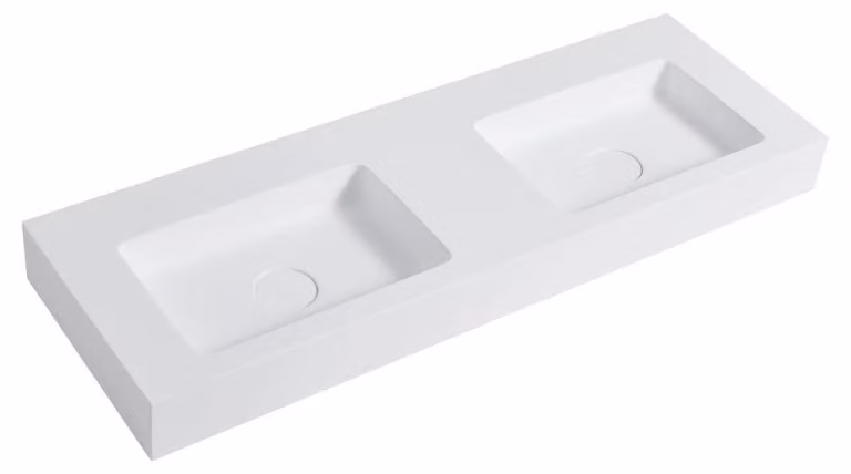 Lavabo doppio in marmo artificiale Geminia, da montare a parete, bianco opaco, dimensioni 133x45 cm