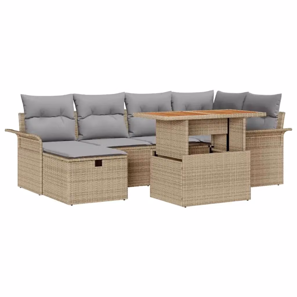 Set Divano da Giardino vidaXL 7 Pezzi Beige con Cuscini e Tavolino, Design Moderno a L in Polyrattan e Acciaio con Struttura Resistente ai Raggi UV – 2