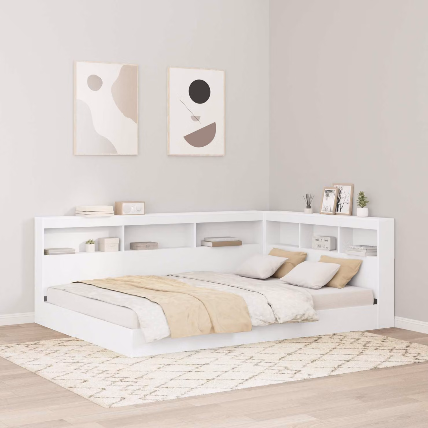 vidaXL Testata del letto con ripiani integrati in legno e metallo, Bianco lucido, L: 157.5 x P: 18.8 x H: 217.5 cm