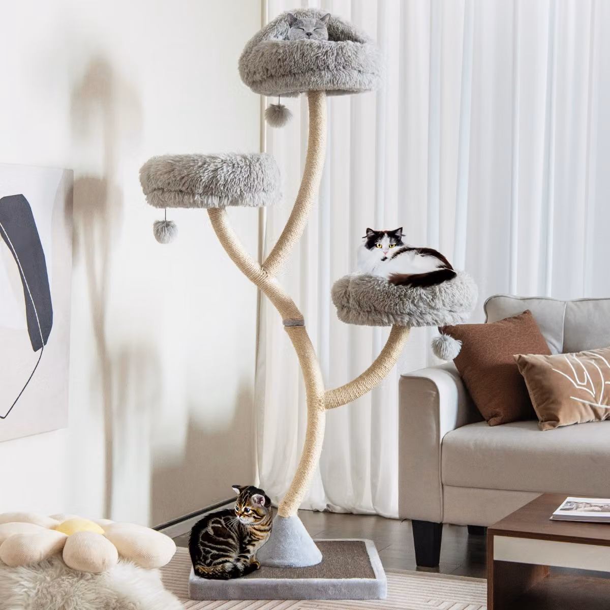 Albero per gatti Costway con telaio in metallo, pali e tiragraffi in sisal, Grigio, Altezza: 178 cm