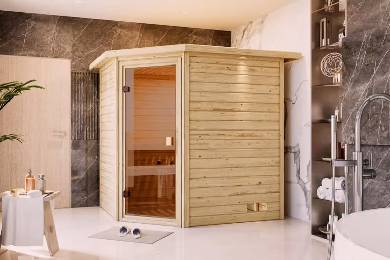 Sauna Woodfeeling Mia (ingresso ad angolo), porta tutto vetro, bronzata, riscaldatore 9 kW centralina integrata