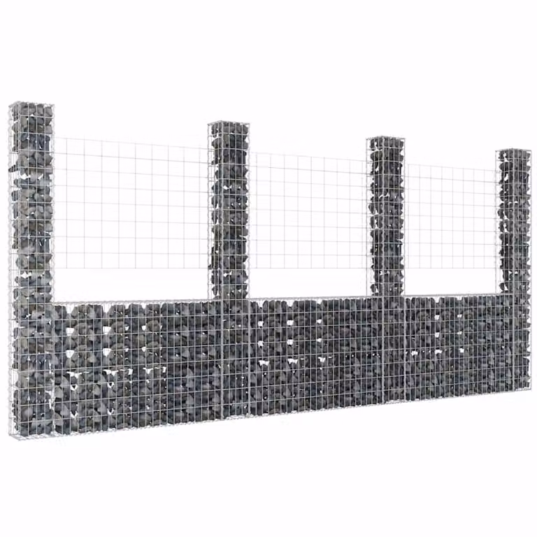 vidaXL Gabbione a U con 4 Pali in Ferro Grigio e Argento L: 380 cm, P: 20 cm, H: 200 cm